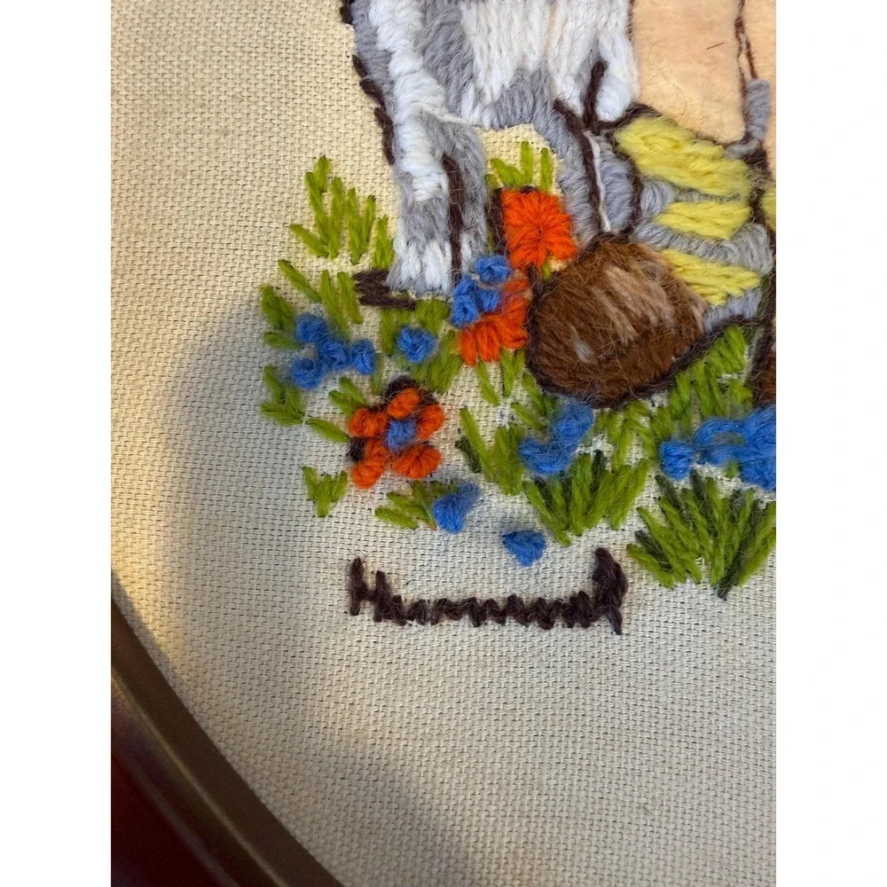 Vintage Hummel Embroidered Wall Art Pair – Framed Oval Needlework‎ (13x10)